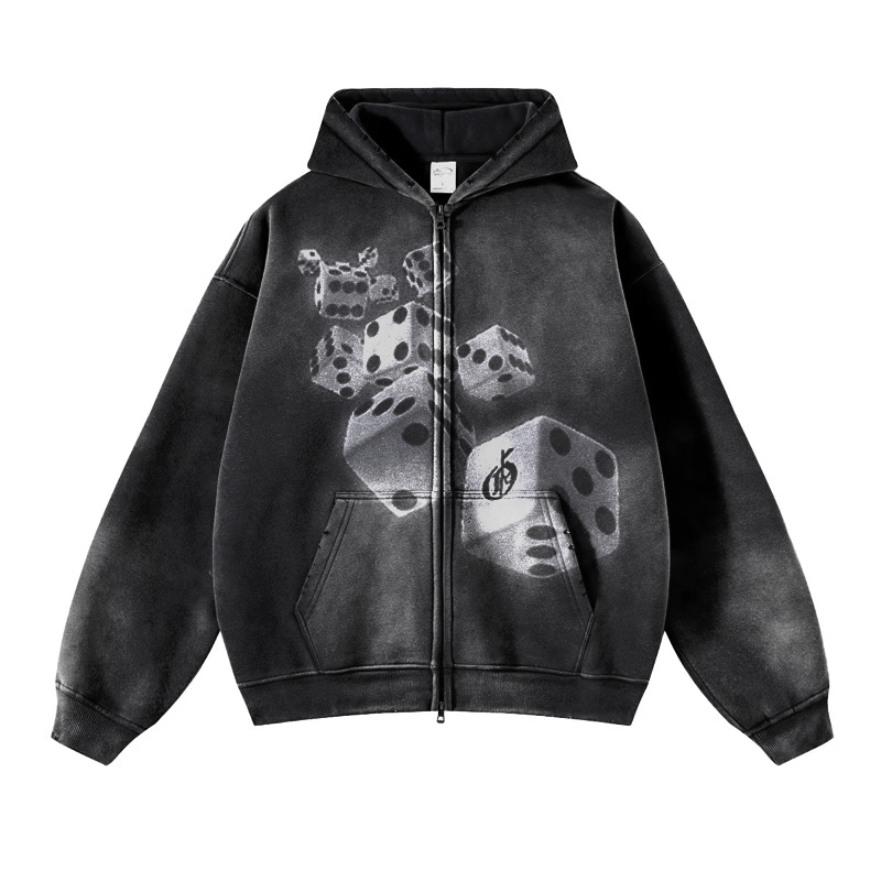 Dice Roller Double Zip Hoodie - Faded Black